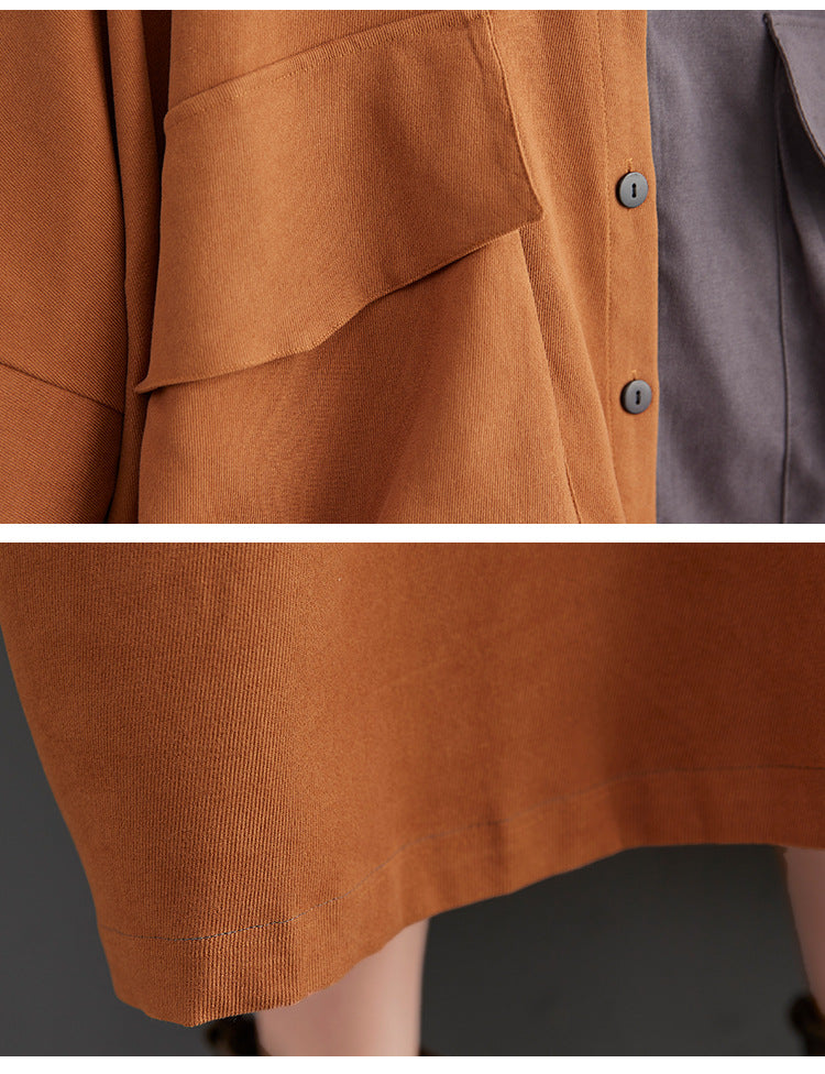 Loose Color Blocking Long Sleeve Midi Dress