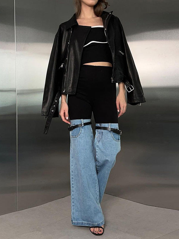 High Waisted Belted Split-Joint Flared Trousers