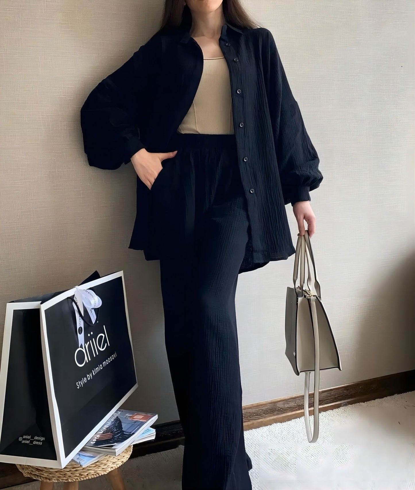 Long-sleeved Lapel Shirt Elastic Waist Trousers Two-piece Suit