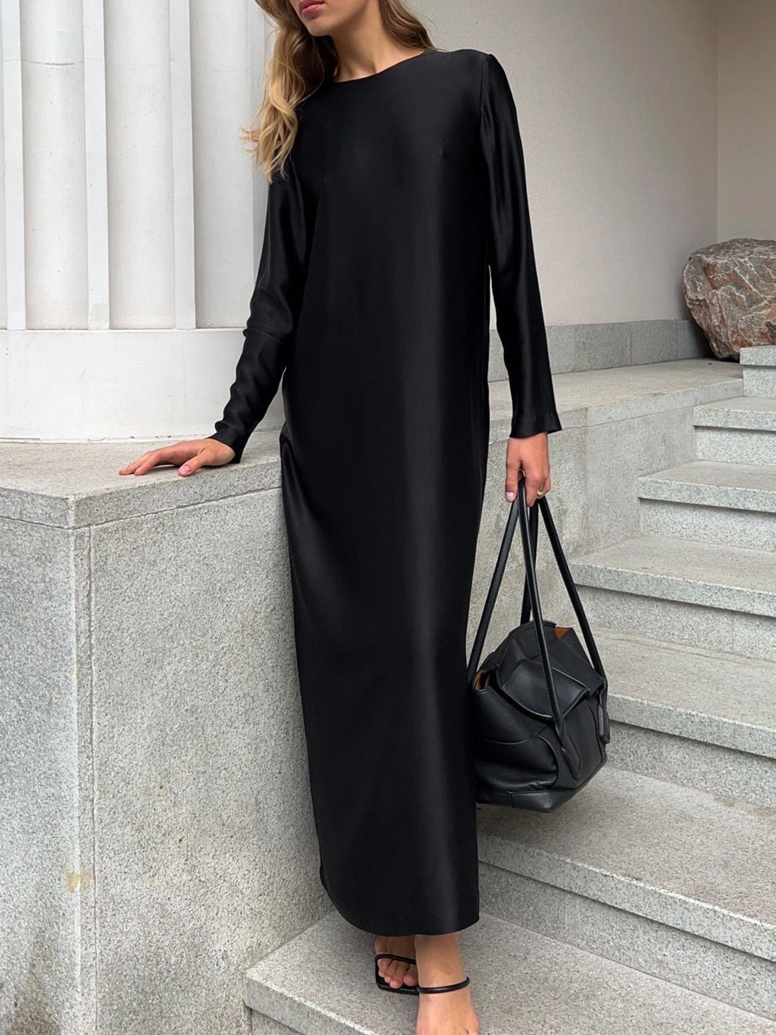 Solid Color Long Sleeve Slit Satin Maxi Dress