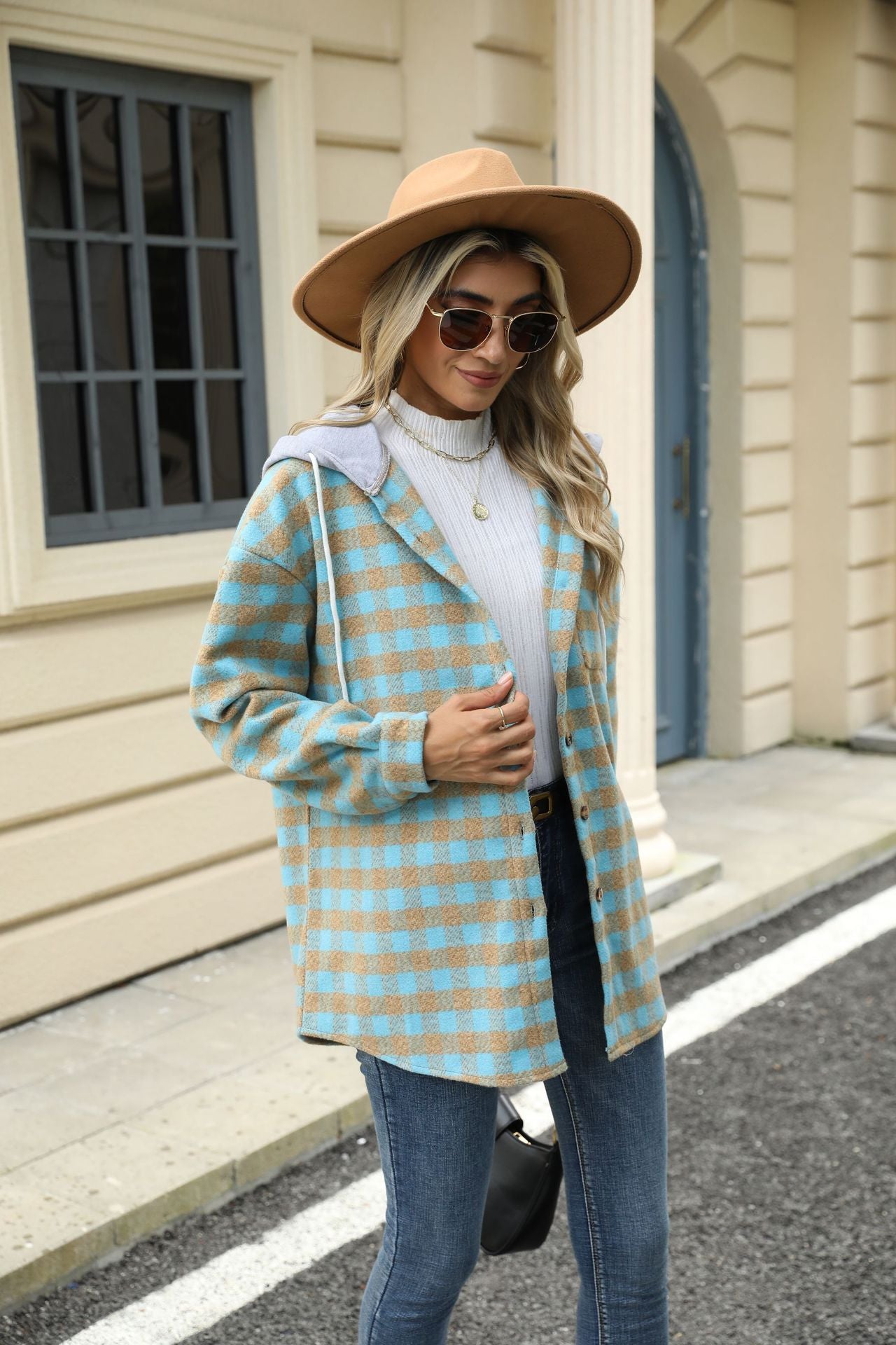 Autumn and Winter new women's hooded Plaid stitching top single-breasted woolen coat