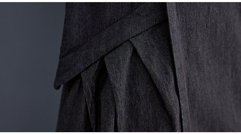 Loose Pleated Stand Collar Denim Midi Dress