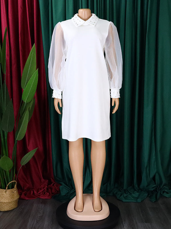 Puff Sleeves Beads Mesh Solid Color Split-Joint Round-neck Midi Dresses