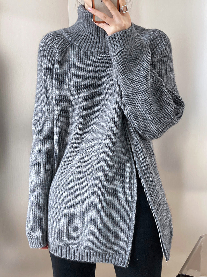 Casual Solid Color Zipper Turtleneck Knit Sweater