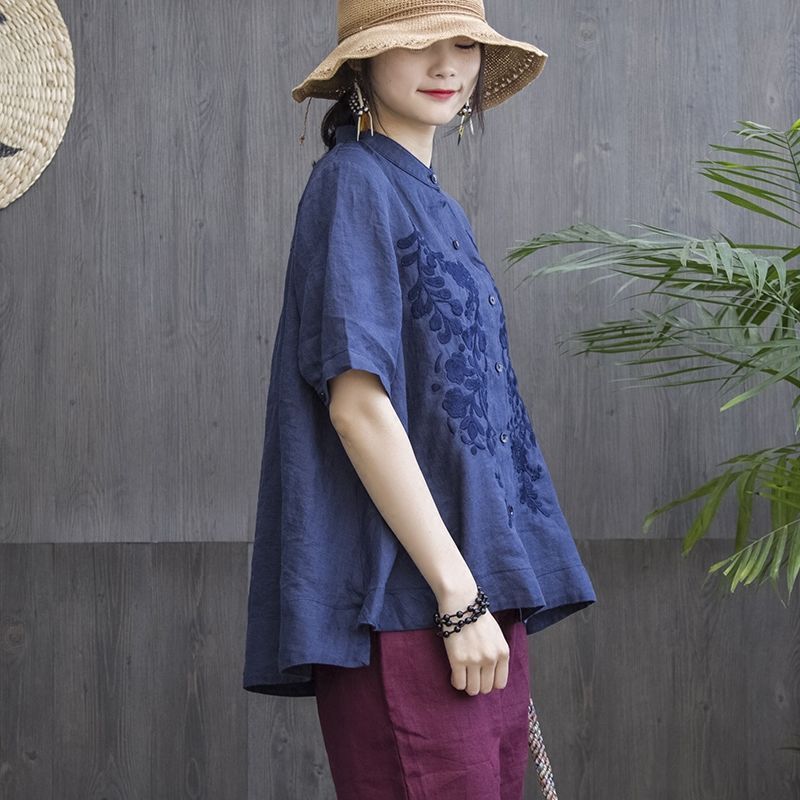 Loose Cotton Embroidered Short Sleeve Stand Collar Shirt