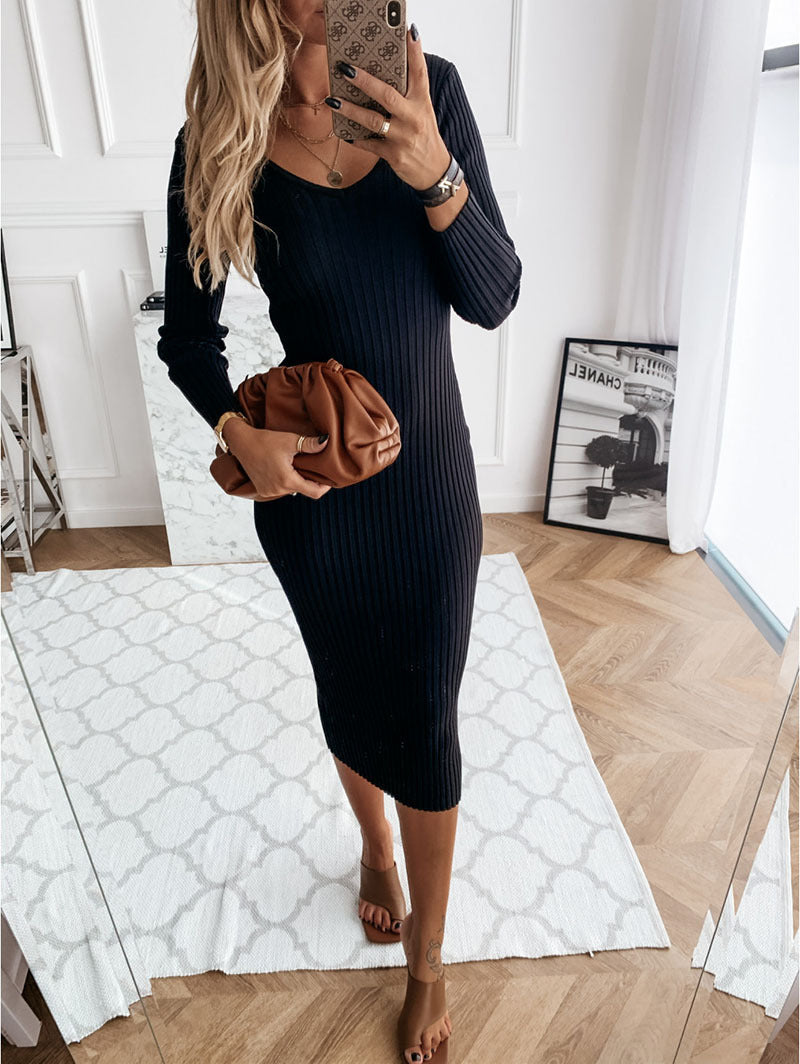 Casual solid color rib low cut V-neck tight long sleeve dress