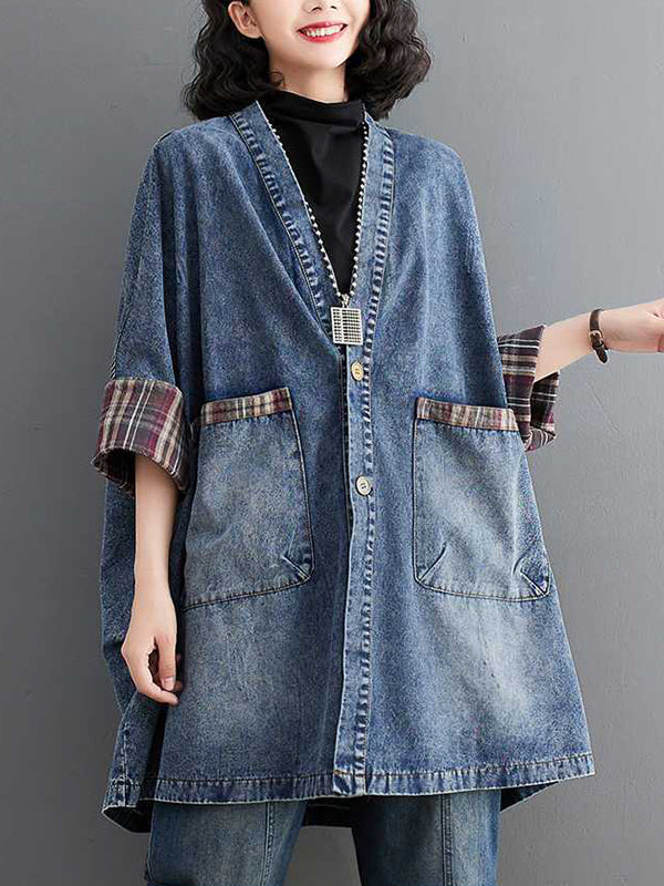 Long Sleeves Loose Buttoned Plaid Pockets Split-Joint V-Neck Denim Outerwear