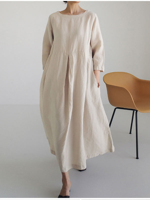 Simple Cotton Linen Style Long Sleeve Maxi Dress