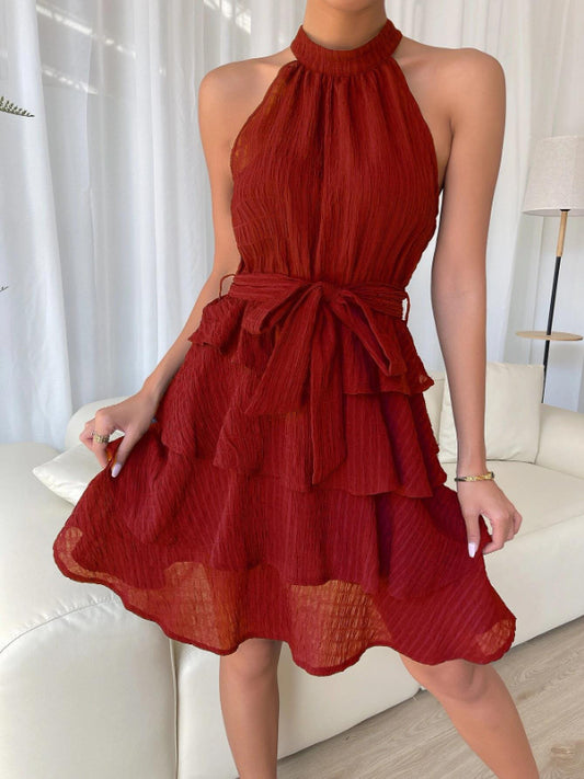 Elegant Hanging Neck Sleeveless Mini Dress
