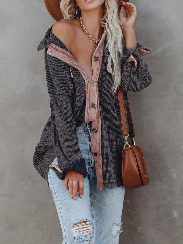 Loose Buttoned Striped Long Sleeve Outwear