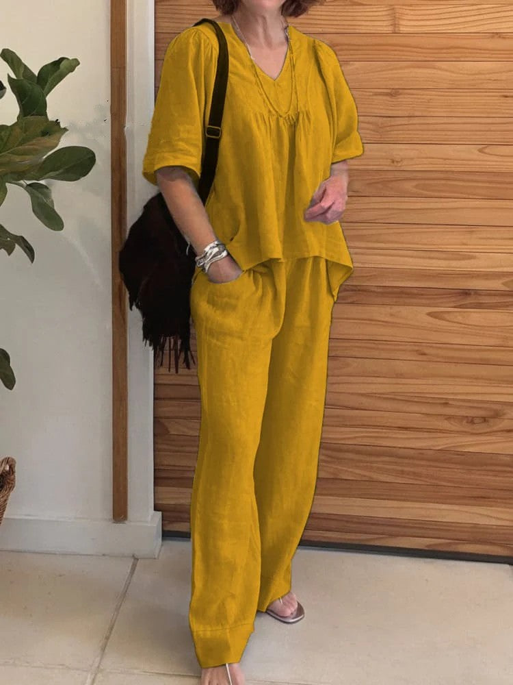 Solid Color Loose Short Sleeve Trousers Set