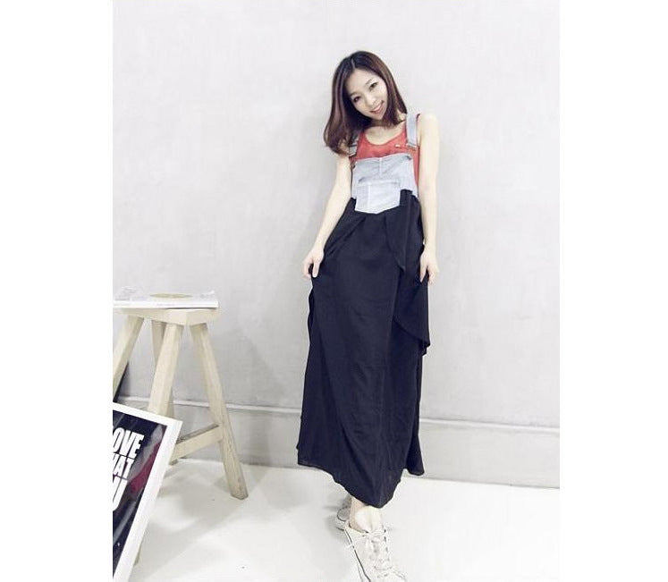 Loose Denim Splicing Suspender Maxi Dress