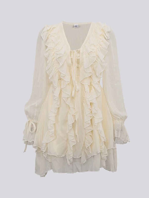 A-Line High Waisted Ruffle Trim Solid Color Tied V-Neck Mini Dresses