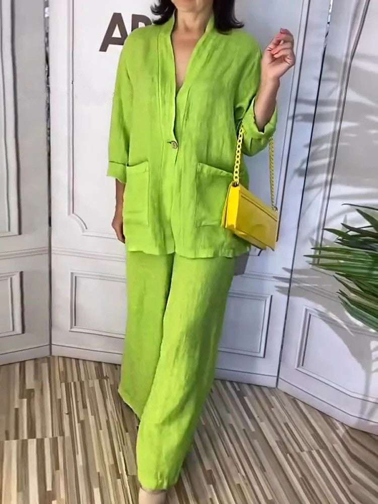 Solid Color V-Neck Top Two-Piece Pants Set