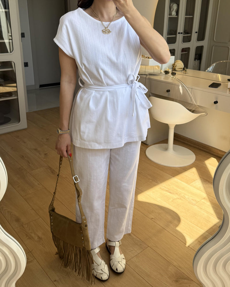 Solid Color Design One-Sleeve Top & Pants Two-Piece Set