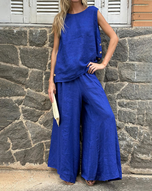 Two-piece Loose Solid Color Sleeveless Pants Set