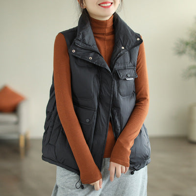 Literary Solid Color Stand Collar  Down Vest Coat