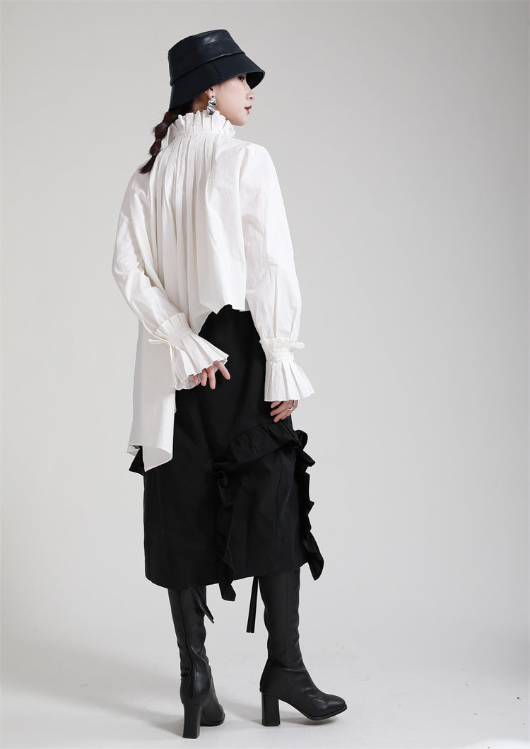 Irregular Solid Color Stand Collar Long Sleeve Shirt