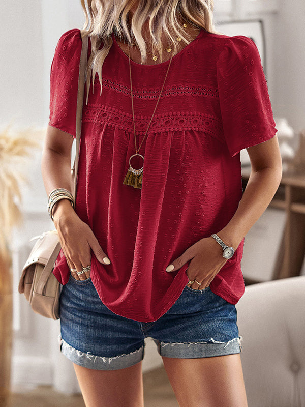 Loose Short Sleeves Hollow Jacquard Pleated Solid Color Split-Joint Round-Neck T-Shirts Tops