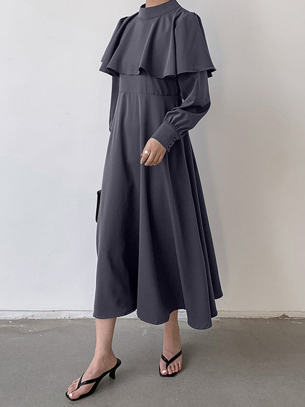 A-Line Long Sleeves Ruffle Trim Solid Color Tied Waist Mock Neck Midi Dresses