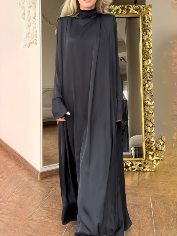 Flared Sleeves Long Sleeves Solid Color High-Neck Maxi Dresses