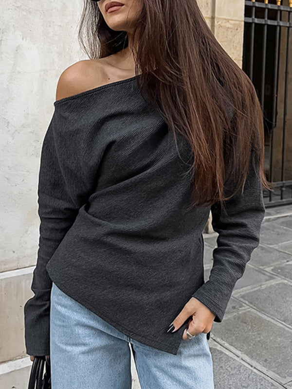 Long Sleeves Loose Solid Color Split-Side One-Shoulder T-Shirts Tops