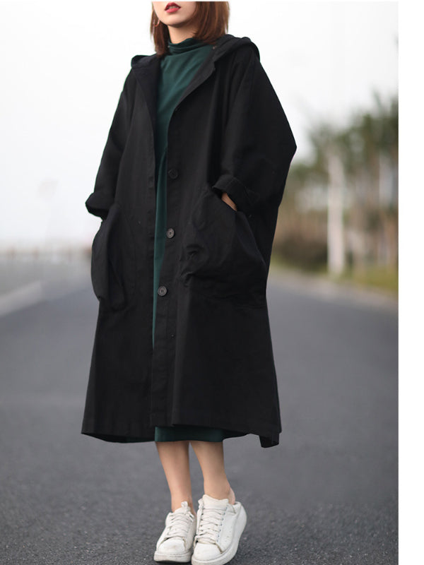 Cool Solid Color Hooded Long Windbreaker Coat
