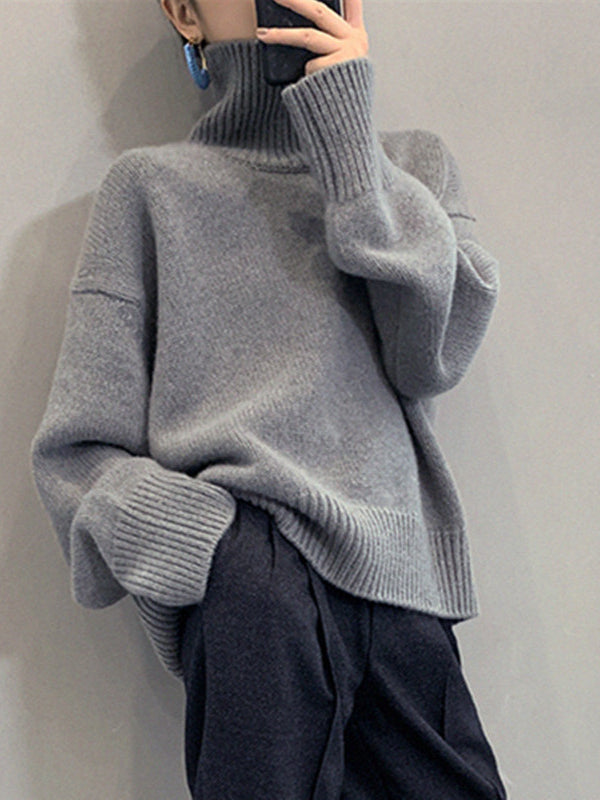 Loose Solid Color Turtleneck Wool Knit Sweater
