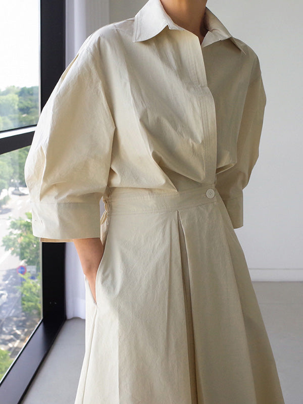 Long Sleeves Loose Buttoned Solid Color Lapel Midi Dresses