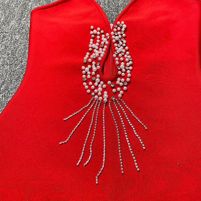 Bandage women's sexy hollow-out camisole tassel rhinestone waist dress evening dress