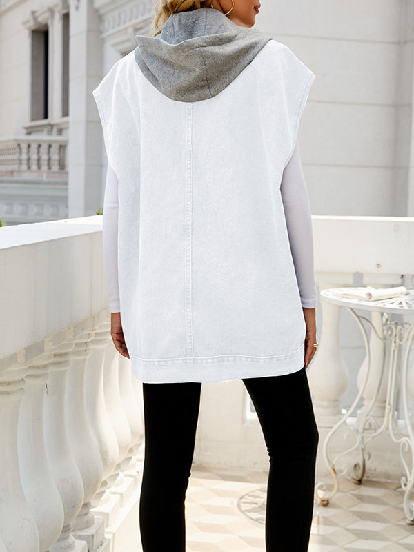 Loose Sleeveless Buttoned Detachable Hooded Pockets Split-Joint Lapel Collar Vest Outerwear