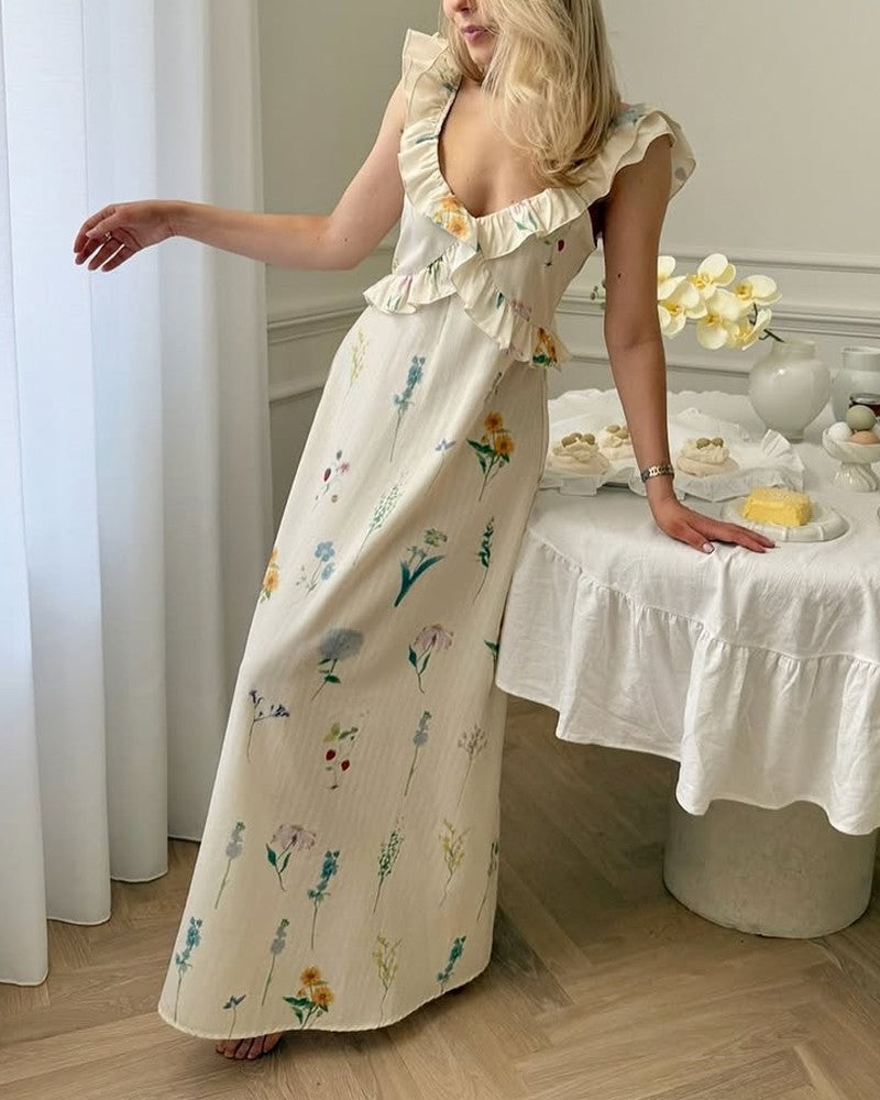 Casual V-neck Flower Dress