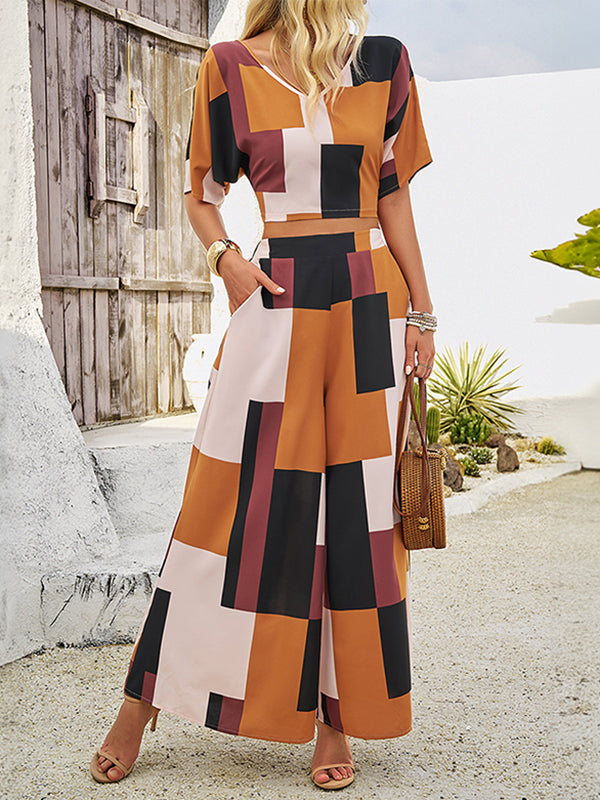 Half Sleeves Backless Contrast Color Tied V-Neck  T-Shirt Top + Pockets High Waisted Pants Bottom Two Pieces Set