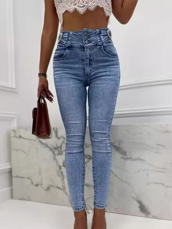 Skinny Beads Buttoned Elasticity Pockets Zipper Jean Pants Bottoms