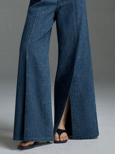 Wide Leg No Belt Solid Color Split-Front Jean Pants Bottoms Trousers