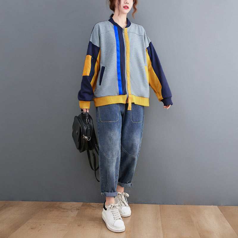 Casual Color Blocking Round Neck Long Sleeve Baseball Jacket