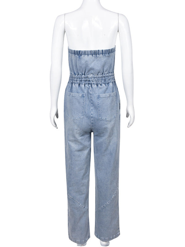 Sleeveless Straight Leg Elasticity Pleated Pockets Split-Joint Tube Jumpsuits