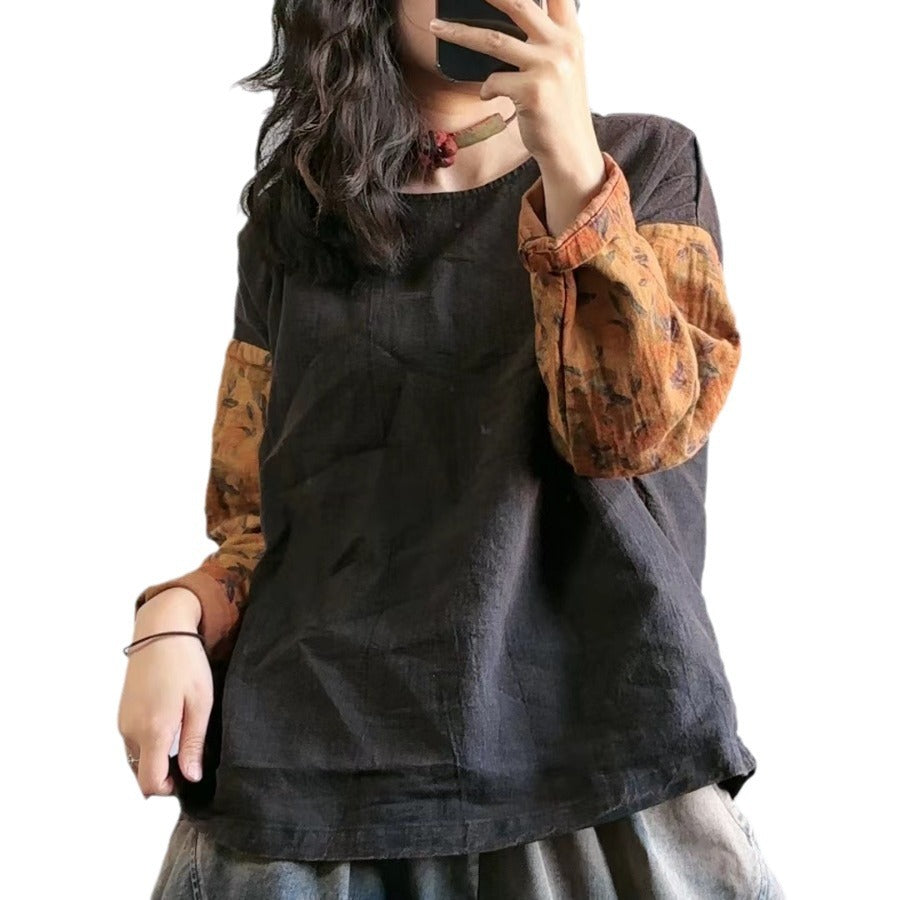 Literary Vintage Splicing Printed Round Neck T-shirt