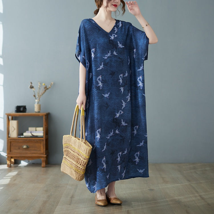 Vintage Print V-neck Short Sleeve Maxi Dress