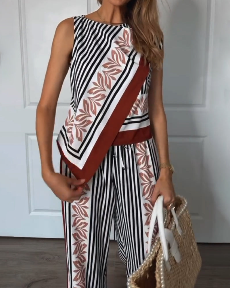 Fashionable Sparkle Printed Sleeveless Top & Pants Two-Piece Set