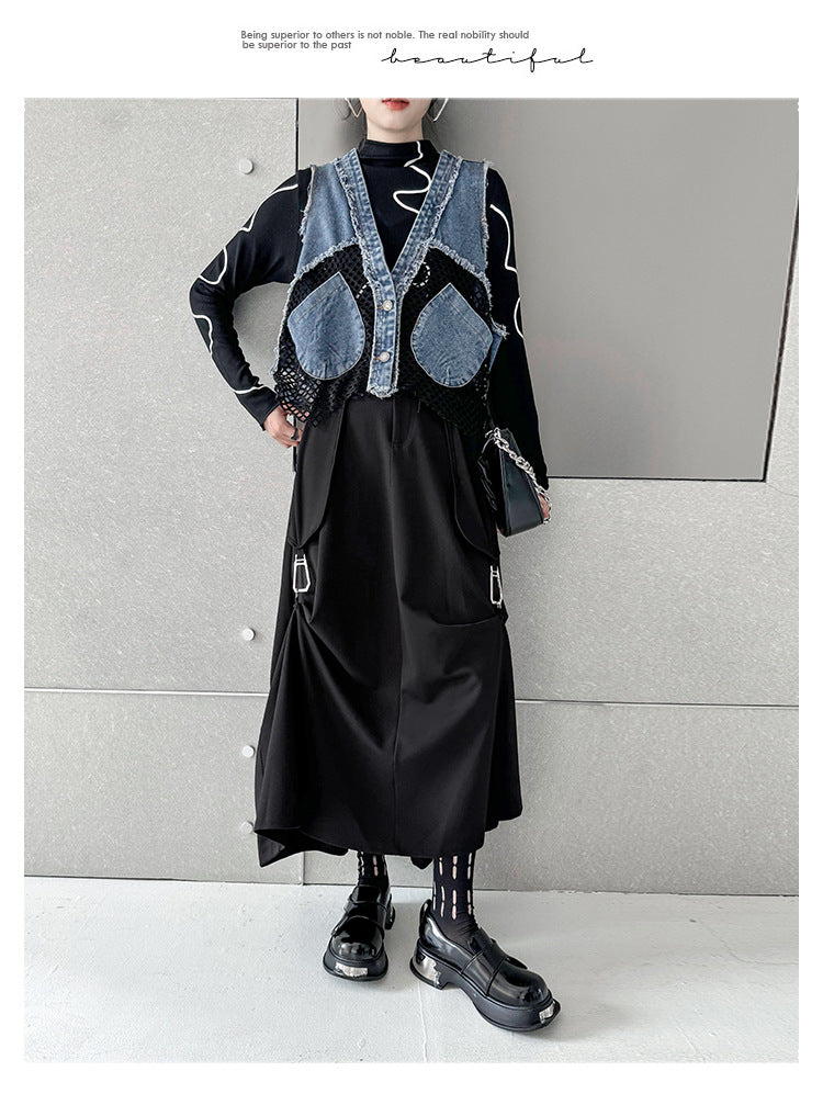 Vintage Mesh Splicing Denim Vest
