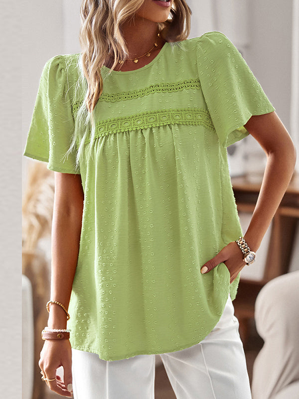 Loose Short Sleeves Hollow Jacquard Pleated Solid Color Split-Joint Round-Neck T-Shirts Tops