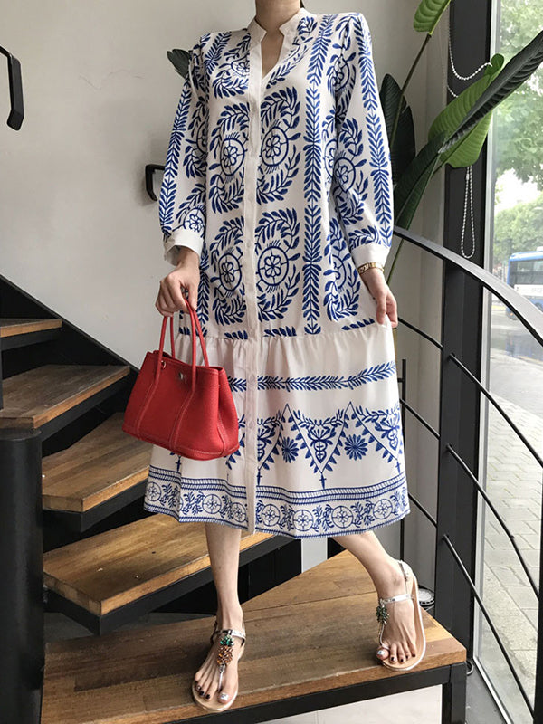 Long Sleeves Loose Leaves Print Printed Stand Collar Midi Dresses