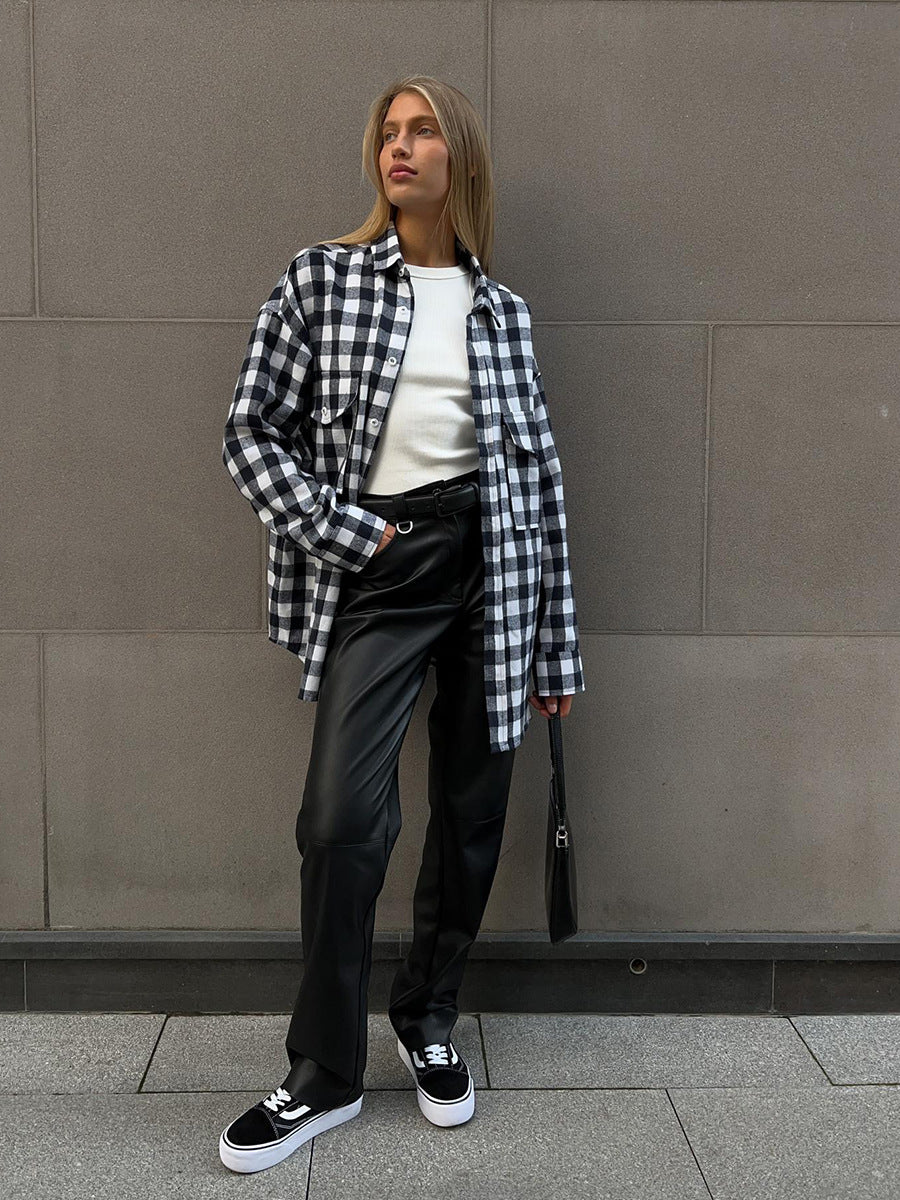 Plaid Shirt women's autumn retro double pocket striped mid-length shirt