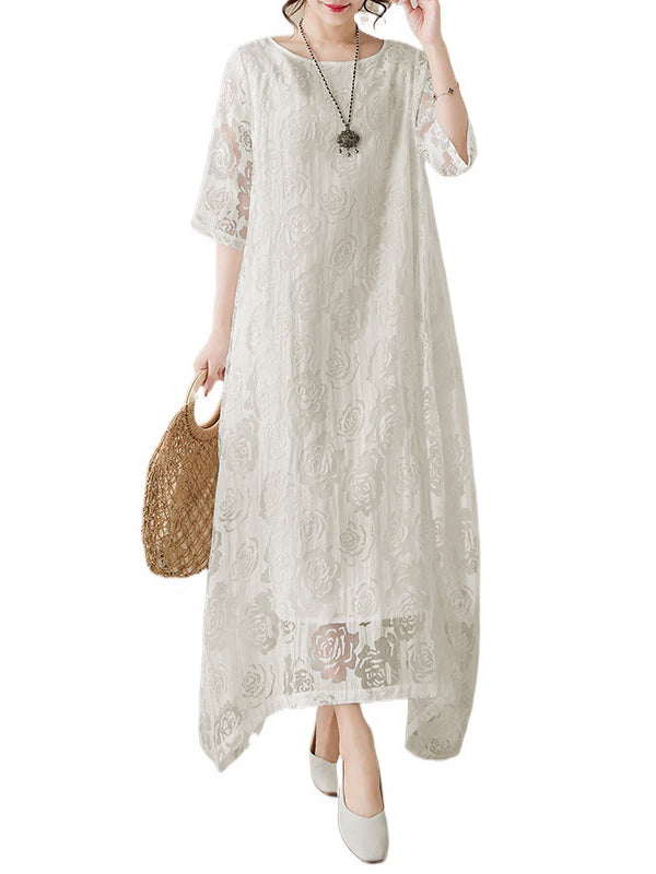 Half Sleeves Loose Gauze See-Through Solid Color Round-Neck Maxi Dresses