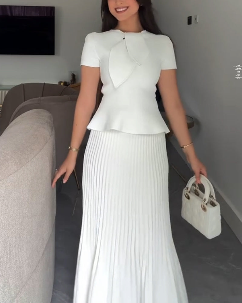 Elegant Lace-Up Top & Pleated Skirt Two-Piece Set