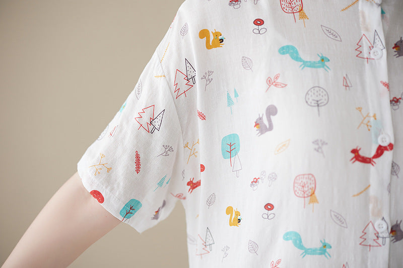 Literary Print Stand Collar Short Sleeve Midi Dress