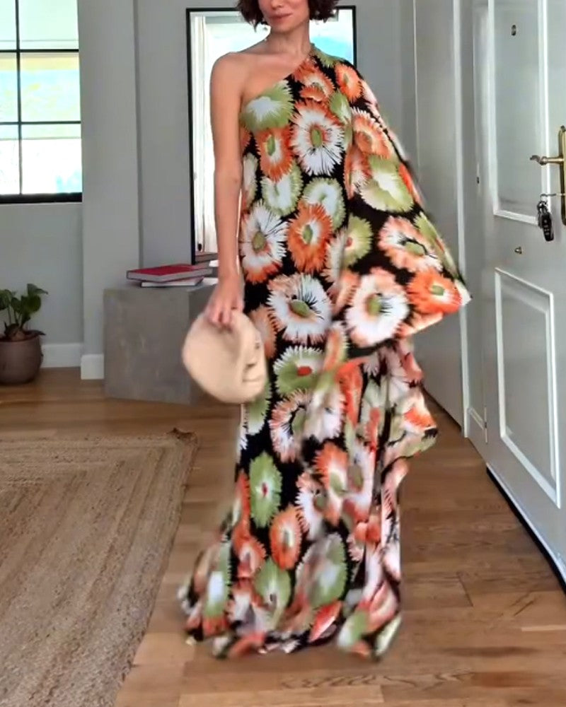 Elegant Slanted Shoulder Floral Dress