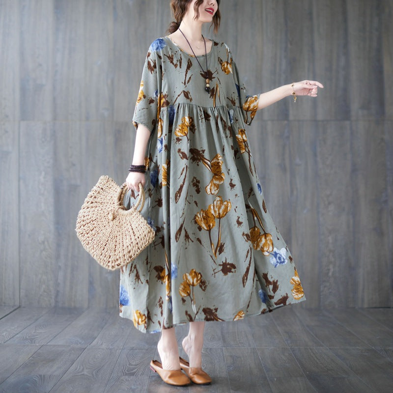 Literary Floral Print Short Sleeve Midi Dress