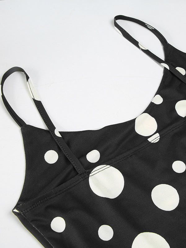 Sleeveless Contrast Color Pleated Polka-Dot Spaghetti-Neck Mini Dresses